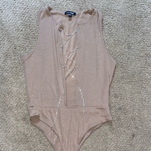 Brown Bodysuit with Rhinestone Chain